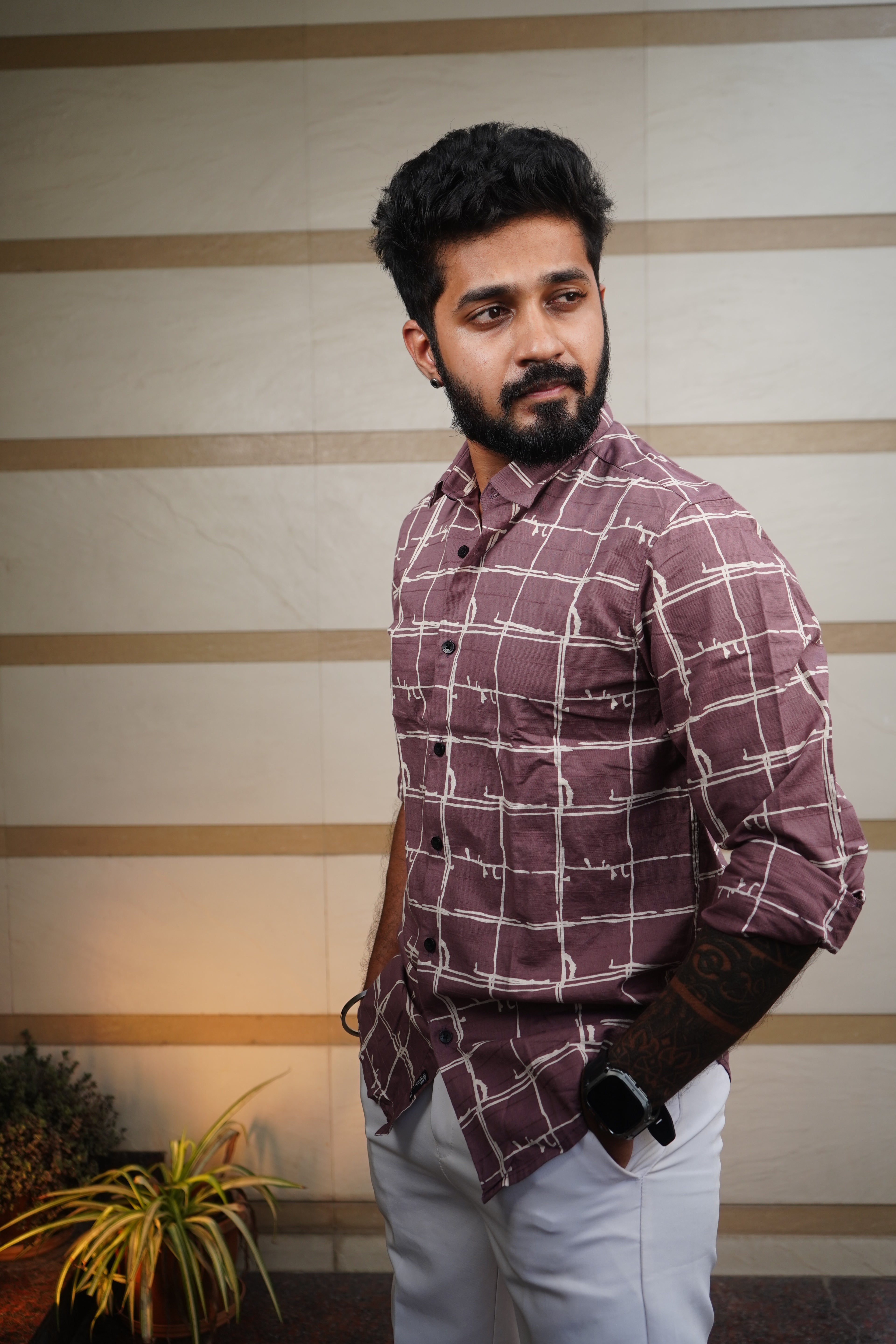 Mauvewood Urban Grid Printed Linen Blend Shirt
