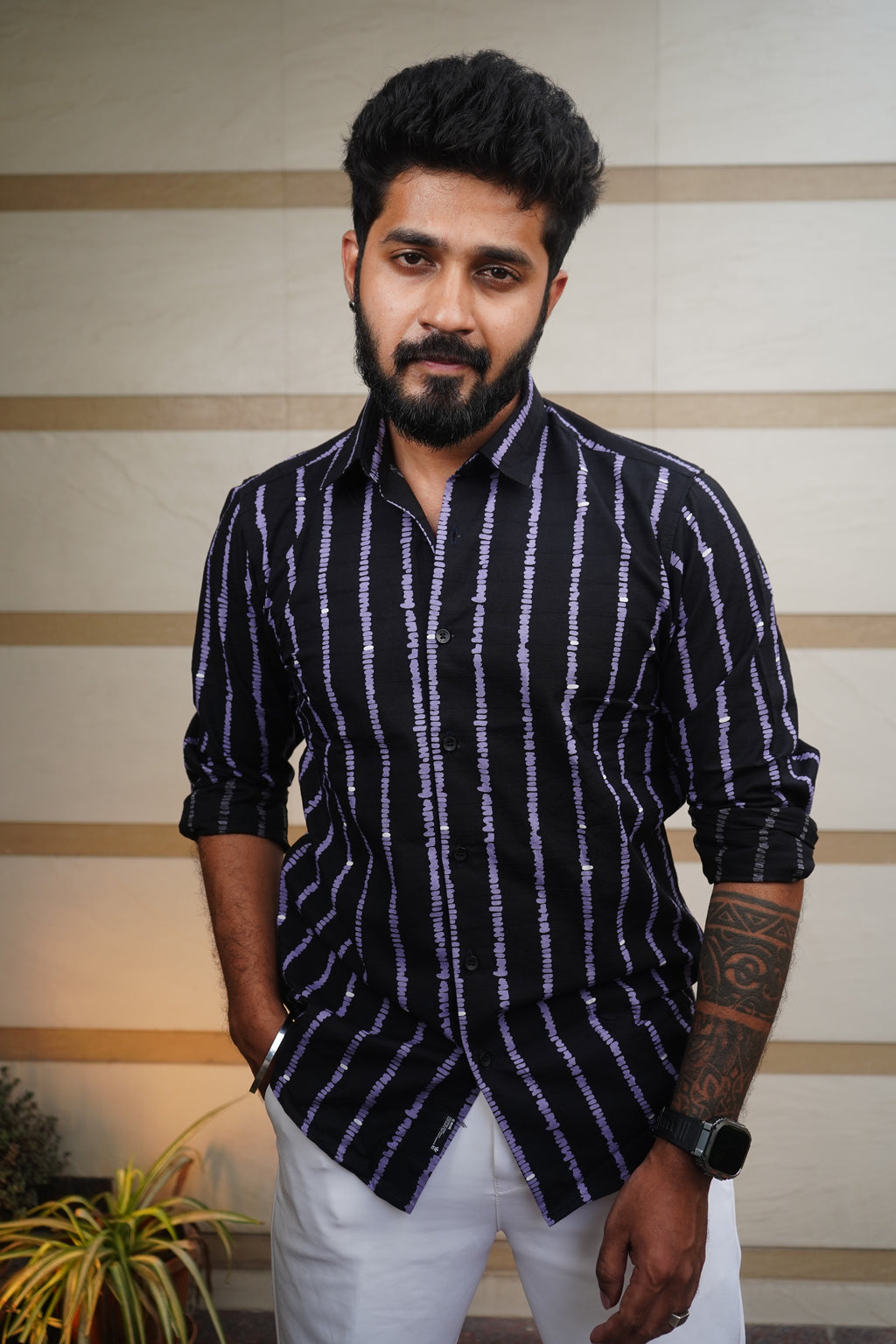 Black Stich Stripe Printed Linen Blend Shirt