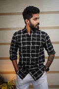 Noir Black Urban Grid Printed Linen Blend Shirt
