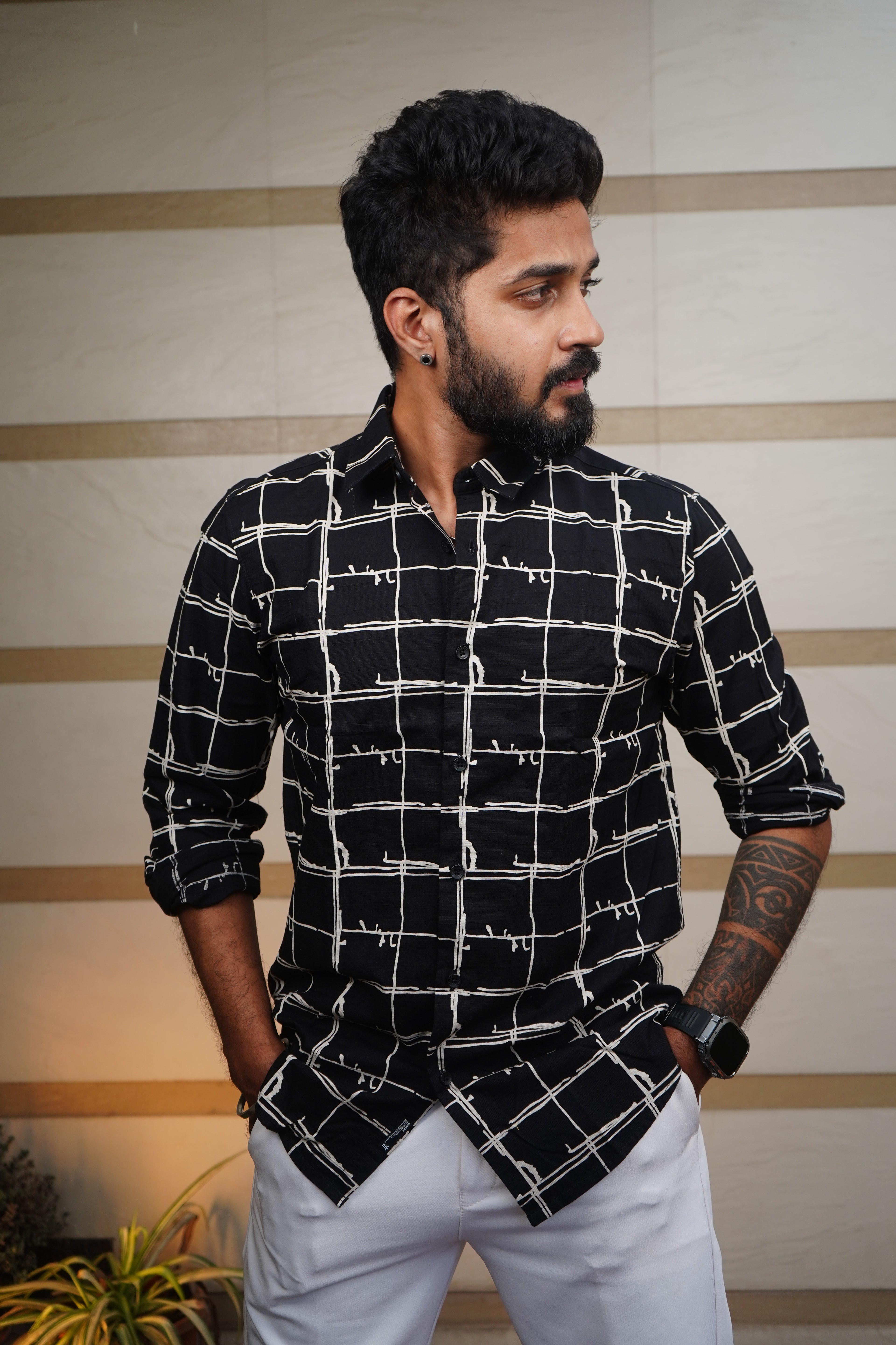 Noir Black Urban Grid Printed Linen Blend Shirt