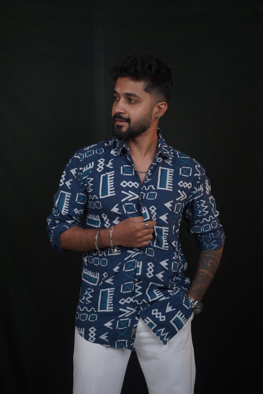 Sea Blue Rayon Printed Shirt