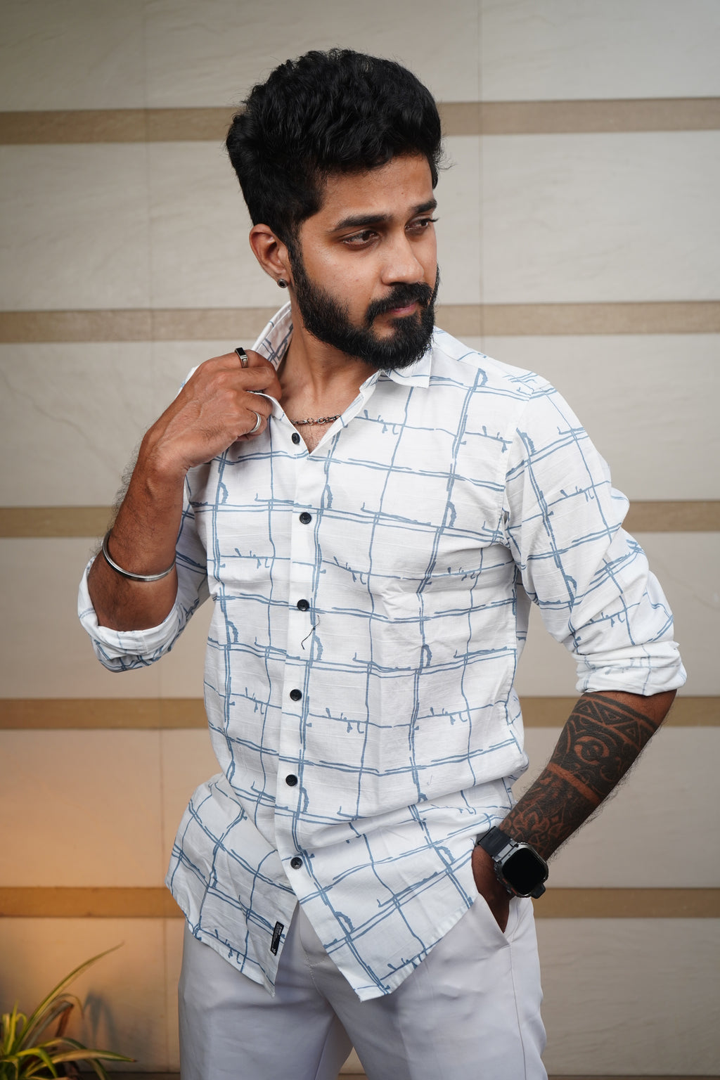 Skyline Urban Grid Printed Linen Blend Shirt